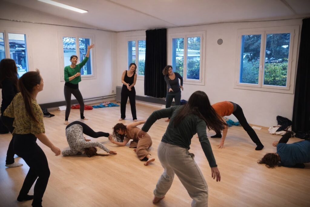 Groupe en pleine séance de mouvement corporel dans une salle avec parquet et grandes fenêtres