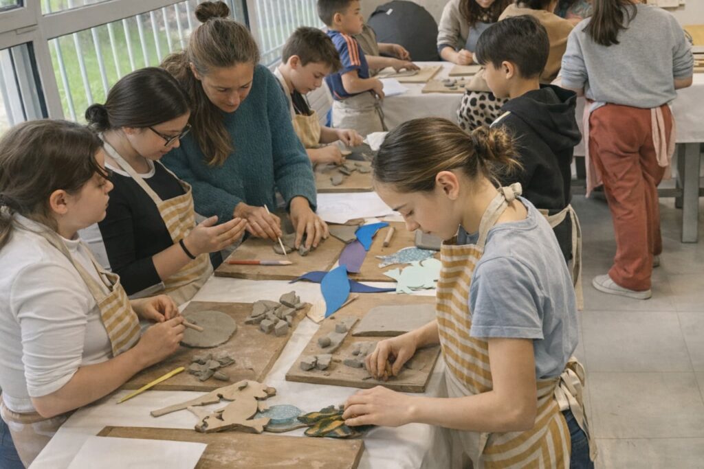 Atelier de céramique pour enfants guidés par une instructrice autour d’une grande table.