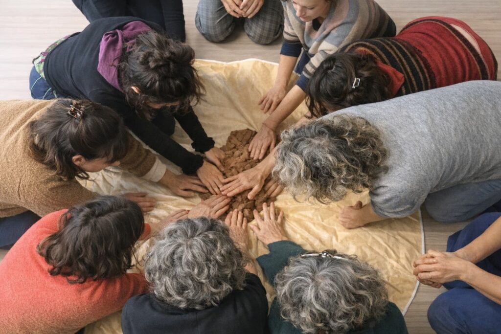 Cercle de femmes façonnant ensemble un monticule de terre au centre d’un tissu clair.
