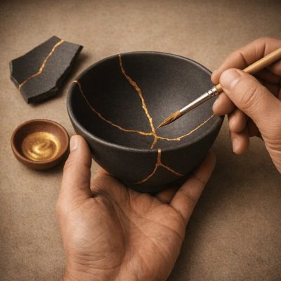 Réparation d’un bol en céramique avec de la laque dorée selon l’art du kintsugi, célébrant la beauté des cicatrices.